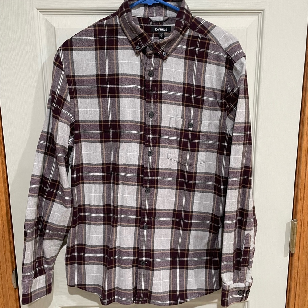 Express Men's Plaid Shirt - Burgundy and Gray